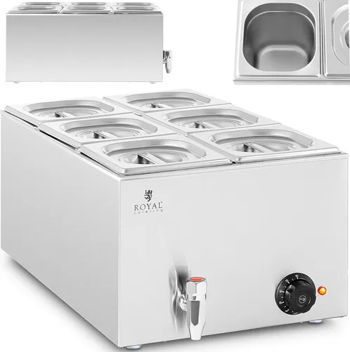 Royal Catering Speisenwärmer Bain Marie mit Ablasshahn 600 W - Stövchen mit 6x GN 1/6 Warmhaltebehältern, ideal für Buffets, hält Speisen konstant warm und sorgt für perfekten Genuss.