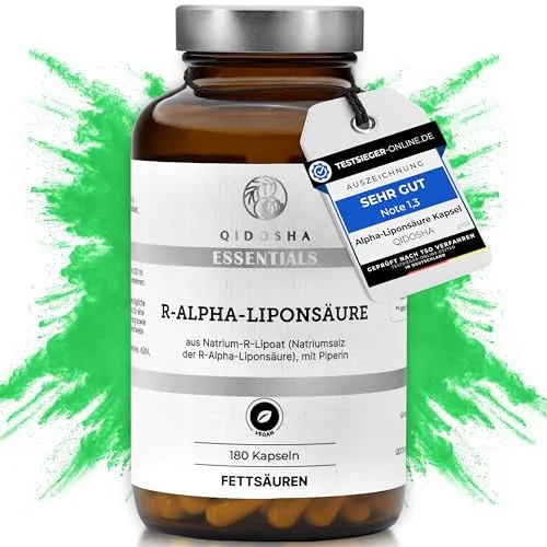 QIDOSHA® R-Alpha-Liponsäure - TESTSIEGER 07/23 - Antioxidant Alpha-Liponsäure mit 301 mg hochdosiertem Natrium-R-Lipoat und Piperin für optimale Bioverfügbarkeit. Ideal zur Unterstützung der Zellgesundheit und antioxidativen Wirkung.