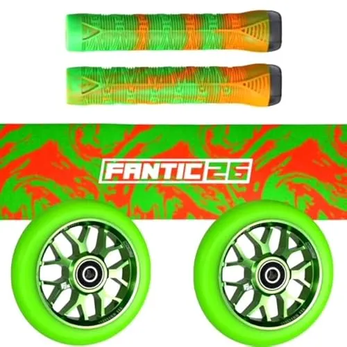 Fantic26 Stunt-Scooter Trick Roller Ersatzteile Bundle I Blunt Soft Griffe mit Barends I F26 Spy7 110mm Abec11 Rollen I Griptape Swirl Grün/Orange)