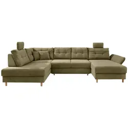 Livetastic Wohnlandschaft, Olivgrün, Textil, Buche, 6-Sitzer, Füllung: Schaumstoff, Ottomane links, U-Form, 338-352x206 cm, Made in EU, Liegefunktion, seitenverkehrt erhältlich, Schlafen auf Sitzhöhe, Rücken echt, Armteil rechts, Wohnzimmer, Sofas & Couches, Wohnlandschaften, Wohnlandschaften in U-Form