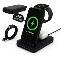 3-in-1 Qi Ladestation für iPhone, Apple Watch & AirPods – 15W Induktives Ladegerät - Die 3-in-1 Qi Ladestation lädt Smartphone, Smartwatch und Kopfhörer gleichzeitig kabellos. Mit 15W Schnellladung bietet sie eine elegante Lösung ohne Kabelsalat für dein modernes Zuhause oder Büro.