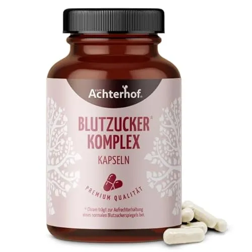 Blutzucker Komplex Kapseln (120 Kapseln) | Achterhof - Pflanzliches Ergänzungsmittel mit Zink, Vitamin B6 und Chrom zur Unterstützung eines stabilen Blutzuckerspiegels. Enthält wertvolle Pflanzenextrakte wie Ceylon Zimt und Kurkuma für einen gesunden Stoffwechsel.