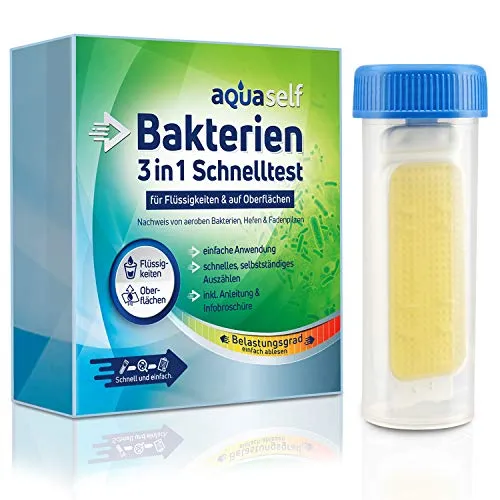 aquaself Bakterien Test für Wasser – 1 Schnelltest – 3-in-1 Test auf Bakterien, Hefen, Pilze für Flüssigkeiten & Oberflächen