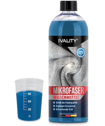Ivality® Mikrofaser Waschmittel Konzentrat 1L – Flüssiger Waschmittel für Mikrofasertücher und Polierpads, Frei von Weichspüler, Duftstoffen & Farbstoffen, Wäschepflege Mikrofaser Waschmittel flüssig