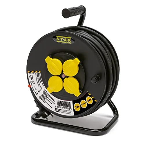 Professionelle Elektro-Kabeltrommel, 4 Steckdosen und Schuko-Stecker, H07RN-F3G1,5MM2, 25M, GS (TÜV), IP44.