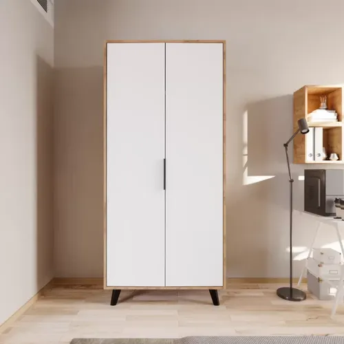 Moderne Kleiderschrank Kombination in Weiß und Braun - Kleiderschrank für Erwachsene mit 3 Regalfächern und 2 Türen. Ideal für stilvolle Ordnung im Schlafzimmer. Maße: 90 x 45 x 193 cm, gefertigt aus robustem Holz und MDF.
