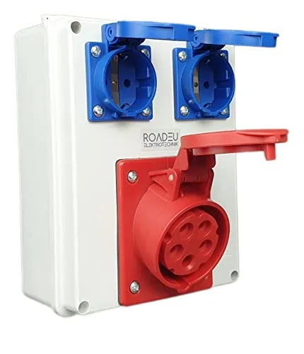 RoadEu Steckdosenverteiler 16A - CEE & Schuko Kombination - Steckdosen & Zubehör - IP44 Baustromverteiler für Innen- und Außeneinsatz, sicher und vorverdrahtet für einfache Installation.