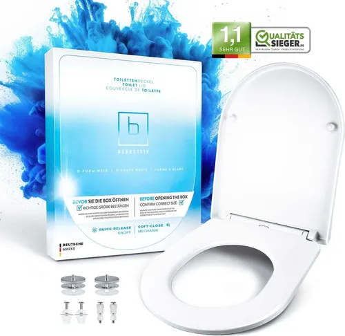 Benkstein® Toilettendeckel D-Form mit Absenkautomatik - antibakterieller WC Sitz - WC-Sitze aus antibakteriellem Urea-Duroplast, farbecht und bis 150 kg belastbar. Schnelle Montage mit Quick-Release-Funktion für hygienische Reinigung.