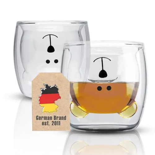 INTIRILIFE 2X Doppelwandiges Thermo Glas Set in 230 ml im Bären Design - Mundgeblasen isoliert für Latte Macchiato, als Teeglas oder Kaffeeglas ohne Henkel