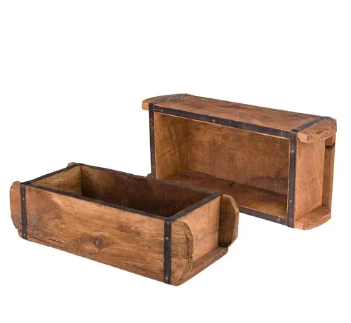 BigDean 2x Ziegelform 32x14x9 cm - Vintage Holzkiste mit Metallbeschlägen - Einzigartige Ziegelformen aus Altholz für kreative Aufbewahrung. Ideal als Dekokiste oder Ordnungsbox, vereinen sie rustikalen Charme mit praktischer Funktionalität. Jedes Stück ist ein Unikat!