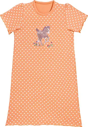 Erwin Müller Single-Jersey Kinder-Nachthemd aprikot/weiß Größe 122/128 - Pyjama Kurzarm - mit Rundhalsausschnitt - hautfreundliche und elastische Qualität - Pferde