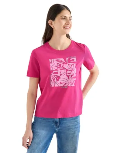 Damen T-Shirt mit Rundhals und Frontprint - Stylisches Baumwollshirt mit floralem Motiv, ideal für lässige Outfits und den Alltag.