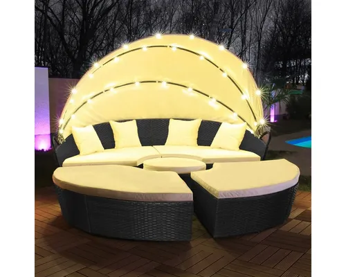 LED Sonneninsel Rattan Lounge Gartenliege mit Solarmodul - Moderne Gartenliege mit integrierter LED-Beleuchtung, aus robustem Polyrattan gefertigt. Inklusive bequemer Kissen und schützendem Cover für entspannte Stunden im Freien.
