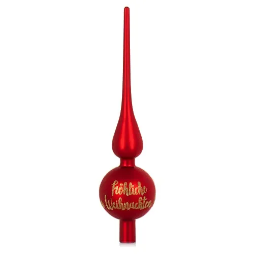 com-four® Weihnachtsbaumspitze mit Schriftzug - Christbaumspitze aus echtem Glas für Weihnachten - Tannenbaumspitze für den Christbaum (28cm - Merry Red matt)