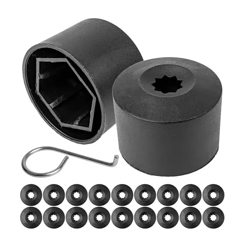 Radschrauben- und Muttern Kappen Set, 20 Stück, für 17 mm Sechskant Schrauben und Muttern, min. Ø 31 mm Felgen Schraubenloch, Radmutternkappen in Schwarz Matt, 1 x Werkzeug, Radbolzen Abdeckung Kit