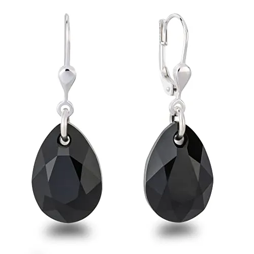Schöner-SD 925 Silber Ohrringe Tropfen Kristall 16mm Jet Schwarz