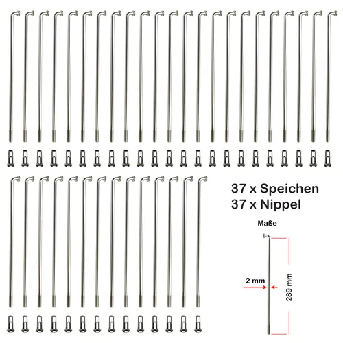 Stück Speichen 289mm Spokes silber NIROSTA 2mm inkl. Messing Speichennippel 37