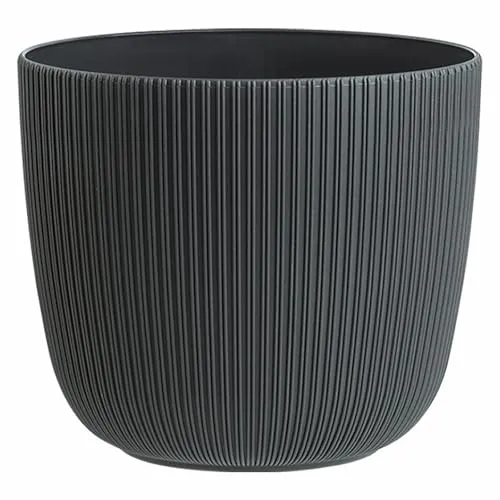 Engelland - 1 x Blumentopf mit Drainagesystem, Anthrazit-Grau, Rillenoptik, Pflanz-Topf, Kübel, modern, widerstandsfähig, rund, wetterfest, Kunststoff, Ø 34 cm, 20 Liter