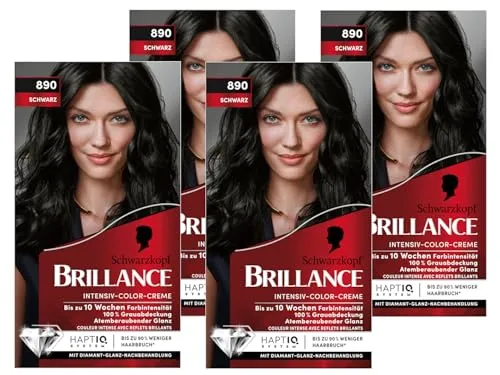 Brillance Intensiv-Color-Creme 890 Schwarz (4x 160 ml), dauerhafte Haarfarbe mit Diamant-Glanz und Pflege-Conditioner, für 10 Wochen Farbintensität