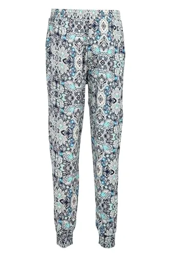 Easy Young Fashion Damen Sommerhose - Florale Freizeithose mit elastischem Bund - Lange Boho Hose - Strandhose Stoffhose aus Baumwolle 777 - (Türkis-Blau)