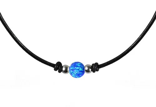 Edellis Kette und Anhänger Set Blauer Opal 8 mm mit Ziegenleder Kette und Silber Kugeln und Verschluß (15-tlg), 925 Silber