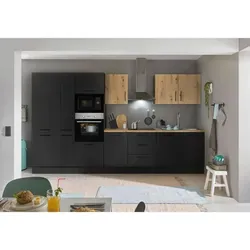 Küchenblock mit E-Geräten CORNWALL III - braun - Küchenzeile mit integrierten E-Geräten, inklusive Backofen, Kühlschrank und Mikrowelle, perfekt für moderne Küchen und effizientes Kochen.