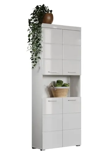 trendteam smart living Hochschrank Amanda - Weiß Hochglanz - Hochschrank für das Bad mit vier Türen und offenem Fach, bietet viel Stauraum und besticht durch modernes Design in Weiß Hochglanz. FSC-zertifiziert für nachhaltige Möbel.