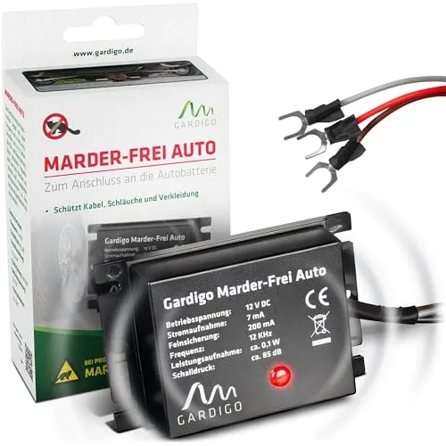 Gardigo® Marder-Frei Auto I Marderschreck Auto | 25 Jahre Erfahrung Ultraschall Marderabwehr | Anschluss an 12V Autobatterie I Marderschutz für Auto | Abwehr gegen Marder KFZ, Marder vertreiben