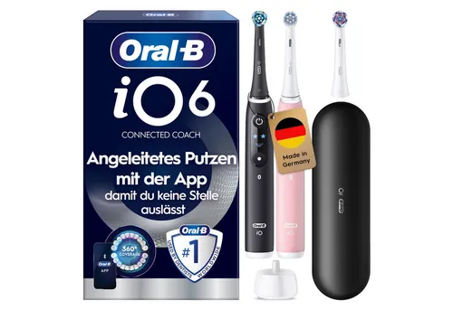 Oral-B iO Series 6 Black Lava/Pink Sand - Elektrische Zahnbürste Doppelpack - Entdecken Sie die Oral-B iO 6 mit 2 Handstücken in Black Lava und Pink Sand. Ausgestattet mit sanften Mikrovibrationen und 3 Aufsteckbürsten für eine gründliche Mundpflege. Ideal für die tägliche Anwendung.