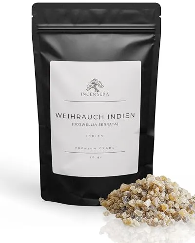 Incensera Weihrauch zum Räuchern 50 gr aus Indien Boswellia Serrata – Hochwertiges Räucherharz für Raunächte & Rituale Naturreines Rauchwerk für Entspannung & Meditation Frankincense Tütsü