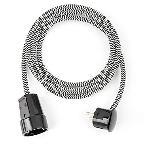 2.5m Textil Verlängerungskabel SCHWARZ-Weiss, Textilkabel mit Schuko-Winkelstecker und Kupplung aus Duroplast (Bakelit Optik)