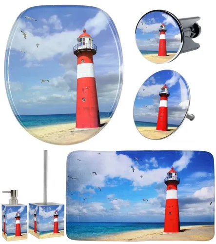 Sanilo Leuchtturm Badaccessoire-Set 6-teilig - Modernes Badaccessoire-Set in Blau mit WC-Sitz, Badteppich und mehr. Hochwertige Materialien, einfache Montage und pflegeleicht – ideal für jedes Badezimmer.
