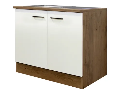 Vintea Spülenunterschrank mit Arbeitsplatte & Spüle - 100 cm Magnolia Matt - Praktischer Spülenunterschrank mit reversibler Edelstahlspüle, ideal für individuelle Küchenlösungen. Robuste Konstruktion mit ansprechendem Lancelot Oak Design.