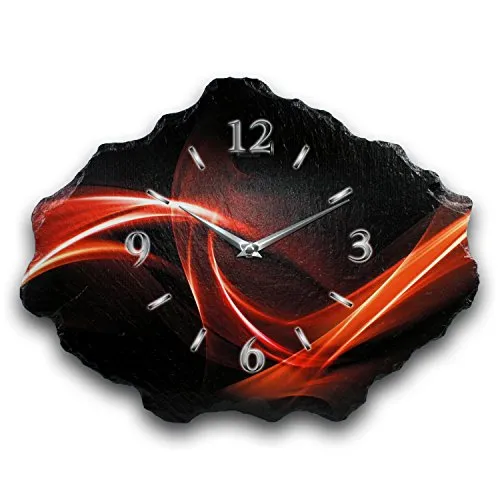 Kreative Feder Designer-Wanduhr aus Stein (Keramik) mit flüsterleisem Uhrwerk (Red Wave, leises Funkuhrwerk)