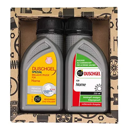 Lustapotheke® Geschenkset für KfZ Mechaniker oder Hobby Schrauber - 2x Duschgel für Männer im Motoröl-Design 3 - Personalisiert mit Namen