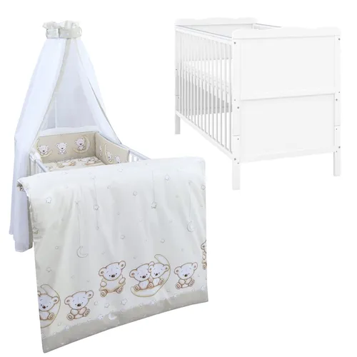 Baby-Delux Babybett Kinderbett Jack Umbaubar 140x70 Weiß mit Komplettset - Robustes Babybett aus Kiefernholz, umbaubar zum Juniorbett. Inklusive Matratze, Nestchen und Himmel für eine gemütliche Schlafumgebung. 3-fach höhenverstellbar für optimale Anpassung.