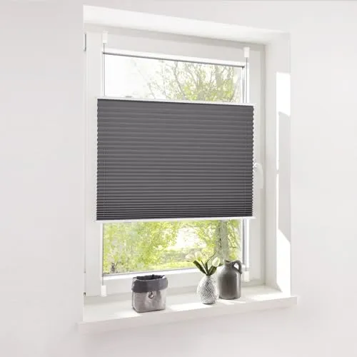 Deswell Plissee ohne Bohren Klemmfix Anthrazit B35 x H120 cm Plisseerollo Sonnenschutz und Sichtschutz Jalousien Easyfix Plissees Lichtdurchlässig Rollo für Fenster & Tür