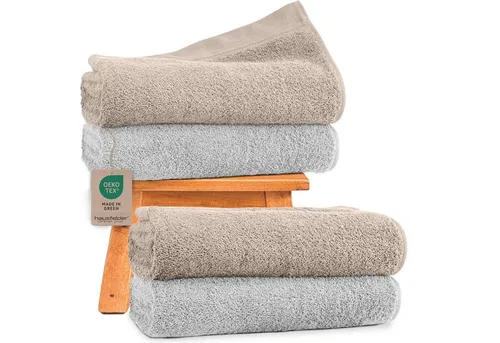 Hausfelder Handtücher Premium Duschtuch Farbmix 4er Set (Beige/Hellgrau, 4x 70x140 cm), Frottier (4-St), Mit Aufhängeschlaufen, 100% Baumwolle, weich, saugfähig, Uni-Farben