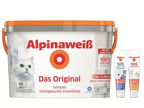Alpinaweiß Das Original – 10 Liter weiße Wandfarbe mit Spritz-Schutz-Formel - Alpinaweiß Das Original – hochdeckende Wandfarbe für strahlendes Weiß. Mit Spritz-Schutz-Formel für sauberes Streichen und ideal für Ausbesserungen durch das praktische Bundle.