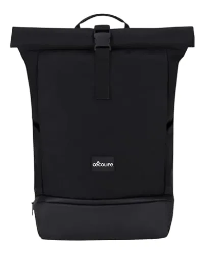 œcolife Rolltop Rucksack Damen & Herren, 22 Liter, Laptopfach für Uni Fahrrad Business Reisen, Schuhfach, aus Recycling-PET, wasserabweisend (Schwarz)
