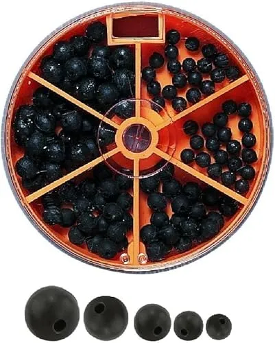 Set: ca 110 Premium Gummiperlen Sortiert Rubber Beads in Spender-Dose, Stopperperlen zum angeln, schwarz