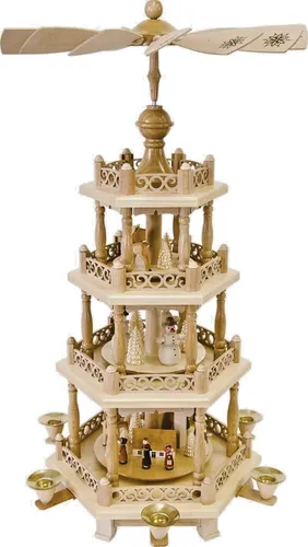 Pyramide Kirchdorf mit Schneemännern - 3-stöckig aus Seiffen - Pyramide aus Holz, 57 cm hoch, ideal für Weihnachtsdekoration und schafft festliche Stimmung mit Schneemännern. Hergestellt in Deutschland.