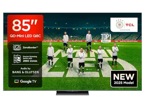 TCL 85Q8CX7 QLED Mini LED-Fernseher - Fernseher mit 85 Zoll (215 cm) und 4K Ultra HD, ausgestattet mit Google TV und beeindruckendem Audio von Bang & Olufsen für ein erstklassiges Seherlebnis.