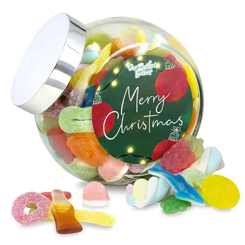 Merry Christmas Süßigkeiteng-Glas – weihnachtlicher Süßigkeiten-Mix in edlem Schräghalsglas mit Deckel als Geschenk-Idee an Weihnachten und Nikolaus