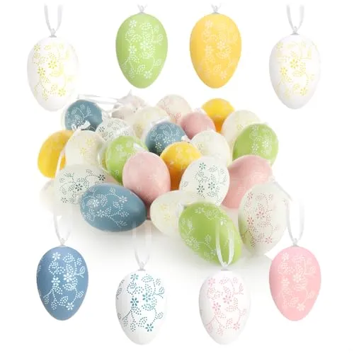 com-four® 24x Dekoaufhänger Ostern - Oster-Eier aus Kunststoff zum Aufhängen - Aufhänger für den Osterstrauß - Eier in bunten Farben mit Blumen-Motiv (24 Stück - bunt mit Blumen)