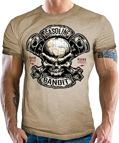 Gasoline Bandit Biker Racer Herren T-Shirt - Vintage Piston Skull Design - Stylisches Heavyweight T-Shirt mit original GASOLINE BANDIT Design. Hoher Tragekomfort und brillanter Druck, ideal für Motorradfahrer und Biker. Entspricht dem ÖKOTEX 100 Standard.