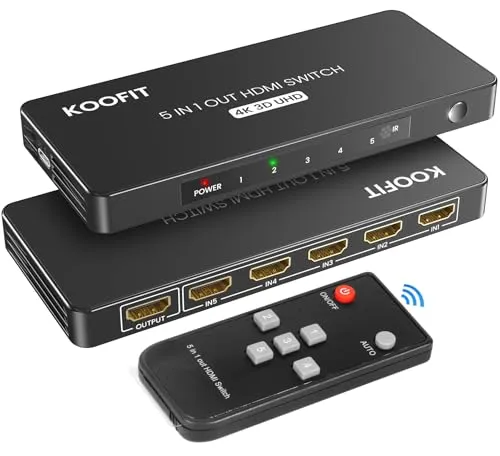 HDMI Switch Automatisch 5 in 1 mit Fernbedienung - Video Umschaltpulte – Verbinden Sie bis zu 5 HDMI-Geräte und genießen Sie 4K Auflösung ohne Qualitätsverlust. Ideal für Gamer und Streaming-Fans!