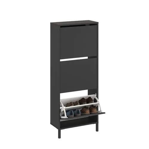 KOMTO Schuhschrank Schmal - Schuhregal Geschlossen mit 3 Klappen | Schuhkipper Anthrazit Trek 55 x 25 x 137 cm (BxTxH)