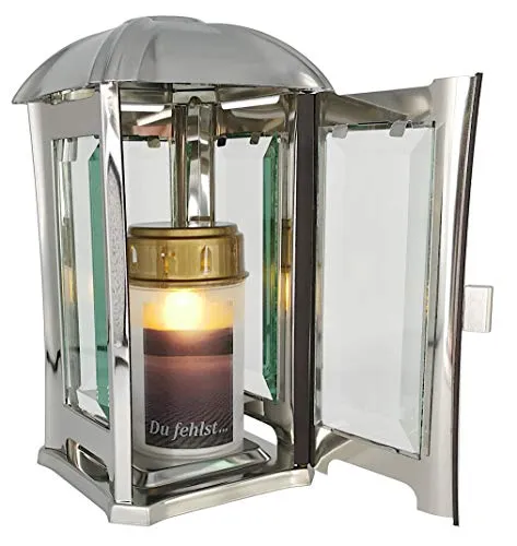 Grablaterne, Grablampe, Grablicht aus Edelstahl mit Facettenglasscheiben inkl. LED-Grablicht 24 cm (poliert)