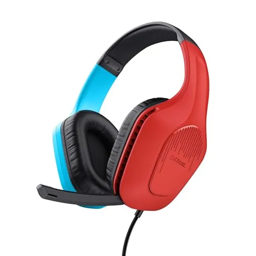 Trust Gaming GXT 416S Zirox Leichtes Gaming Headset für Nintendo Switch mit 50-mm-Treiber, 1,2 m Kabel, Hochklappbares Mikrofon, 3,5-mm-Audioanschluss, Over-Ear Kopfhörer mit Kabel, Blau/Rot
